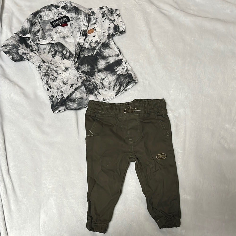 Black and White Shirt with Olive Green Pants